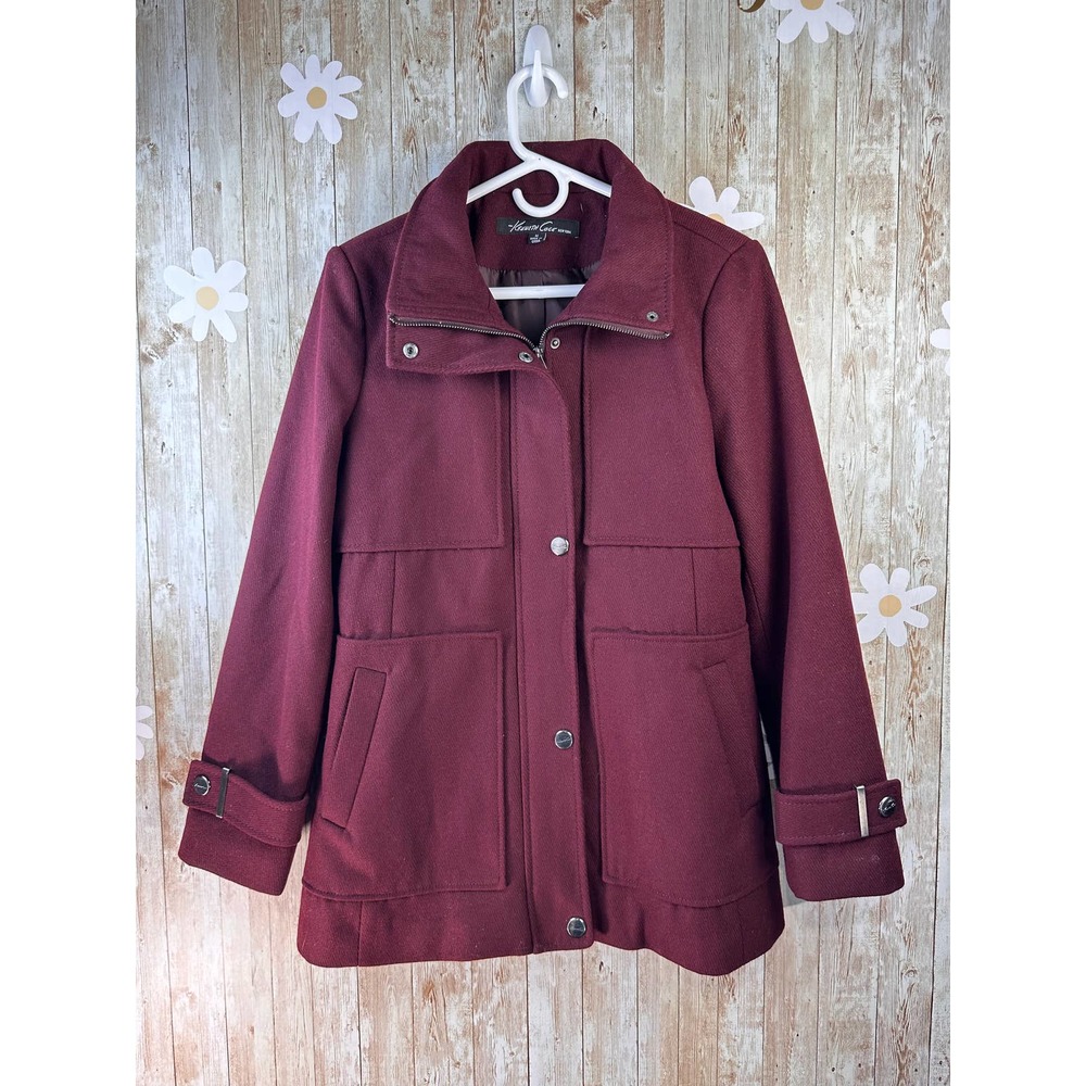 Kenneth Cole New York Women's Coat Sz M Wine Cranberry Wool‎ Blended Snap Zipper